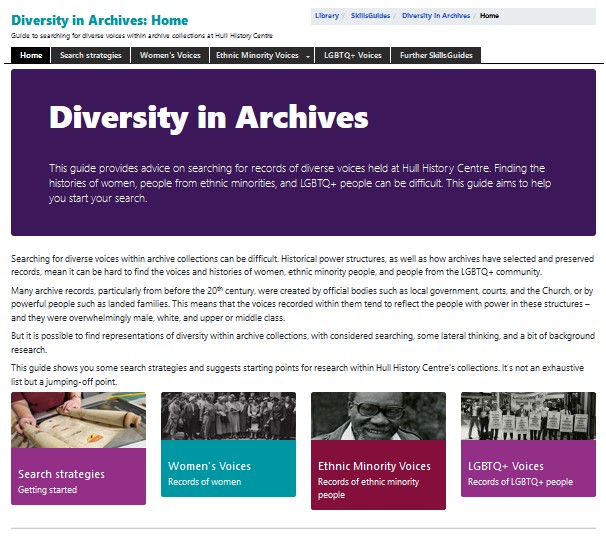Screenshot of the Diversity in Archives homepage of the Hull History Centre website