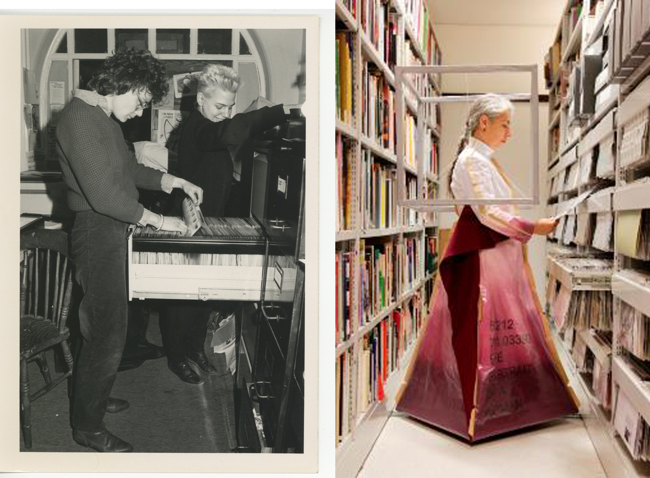 Set of two photographs showing women looking through documents filled in the Women Artists Slide Library, Battersea London circa 1982