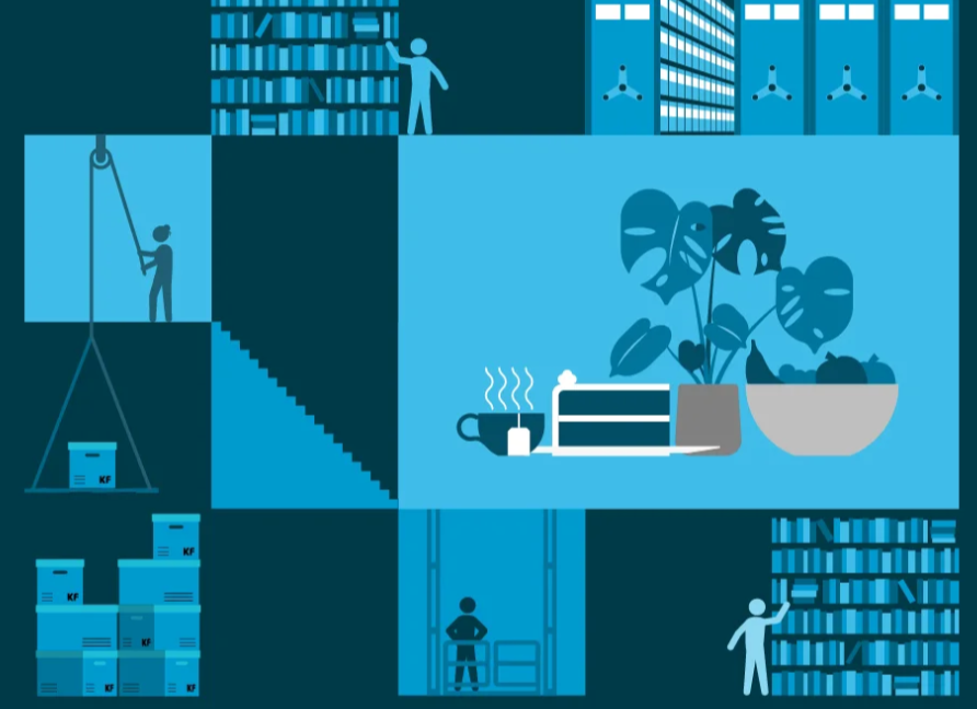Squares and shapes in different shades of blue. Two squares show figures (in a lighter shade of blue) reaching for books of a shelf. The top right shows roller stacks of a collection store. The large image in the middle shows a cup of tea, a slice of cake, and a large plant. The lower left section shows a figure pulling up boxes with a pulley from a lower storage area.
